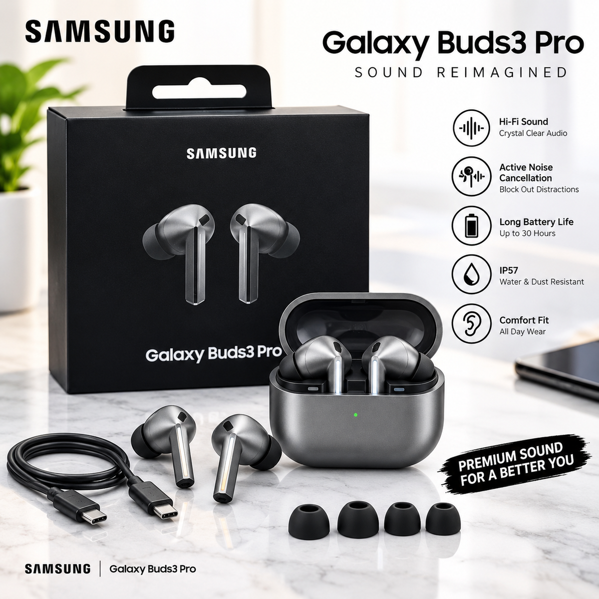 Samsung Galaxy Buds3 Pro Wireless Earbuds β Premium Hi-Fi Sound, Active Noise Cancellation & Charging Case