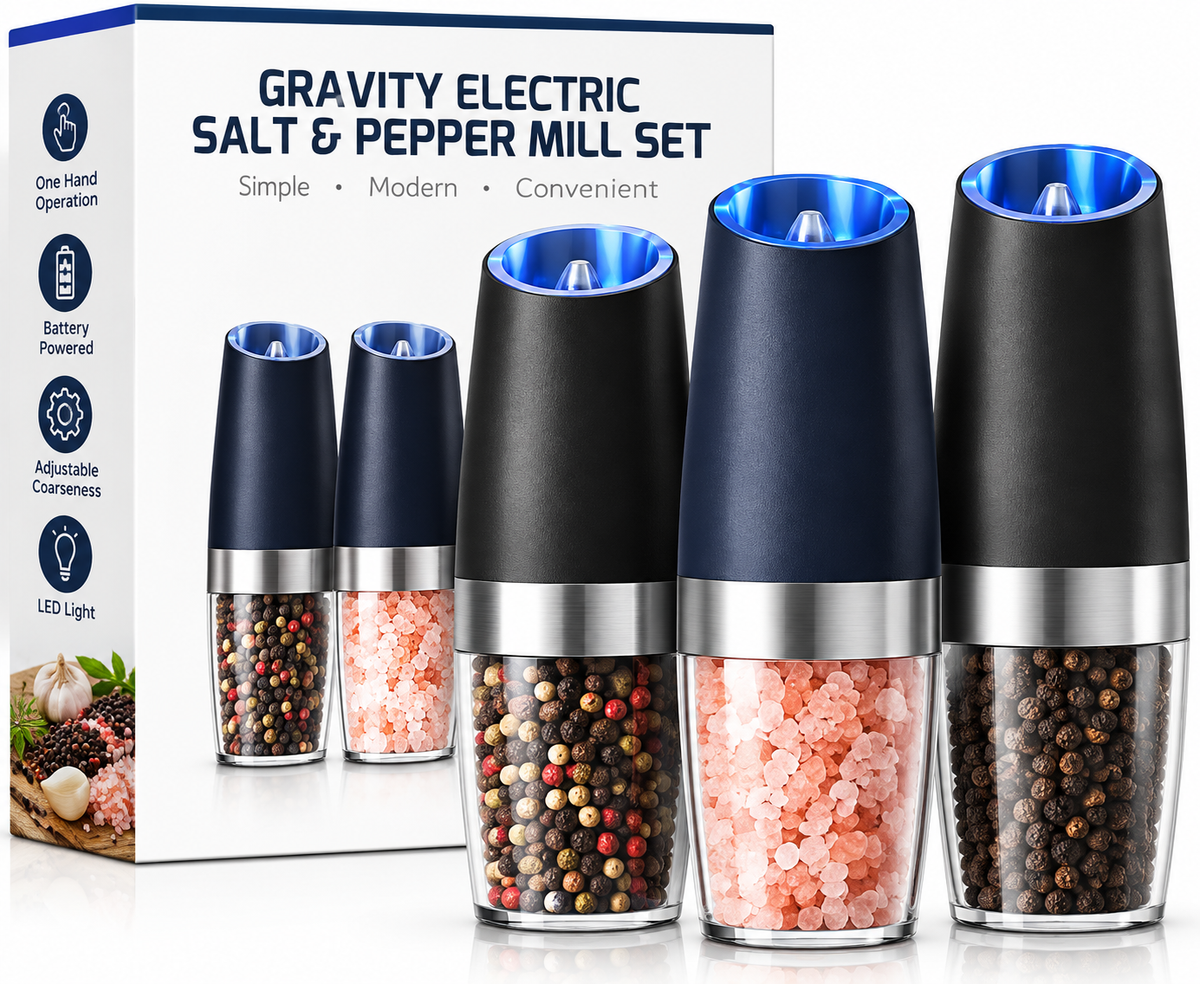 Electric Salt & Pepper Grinder Set – Automatic Gravity Spice Mill with LED Light