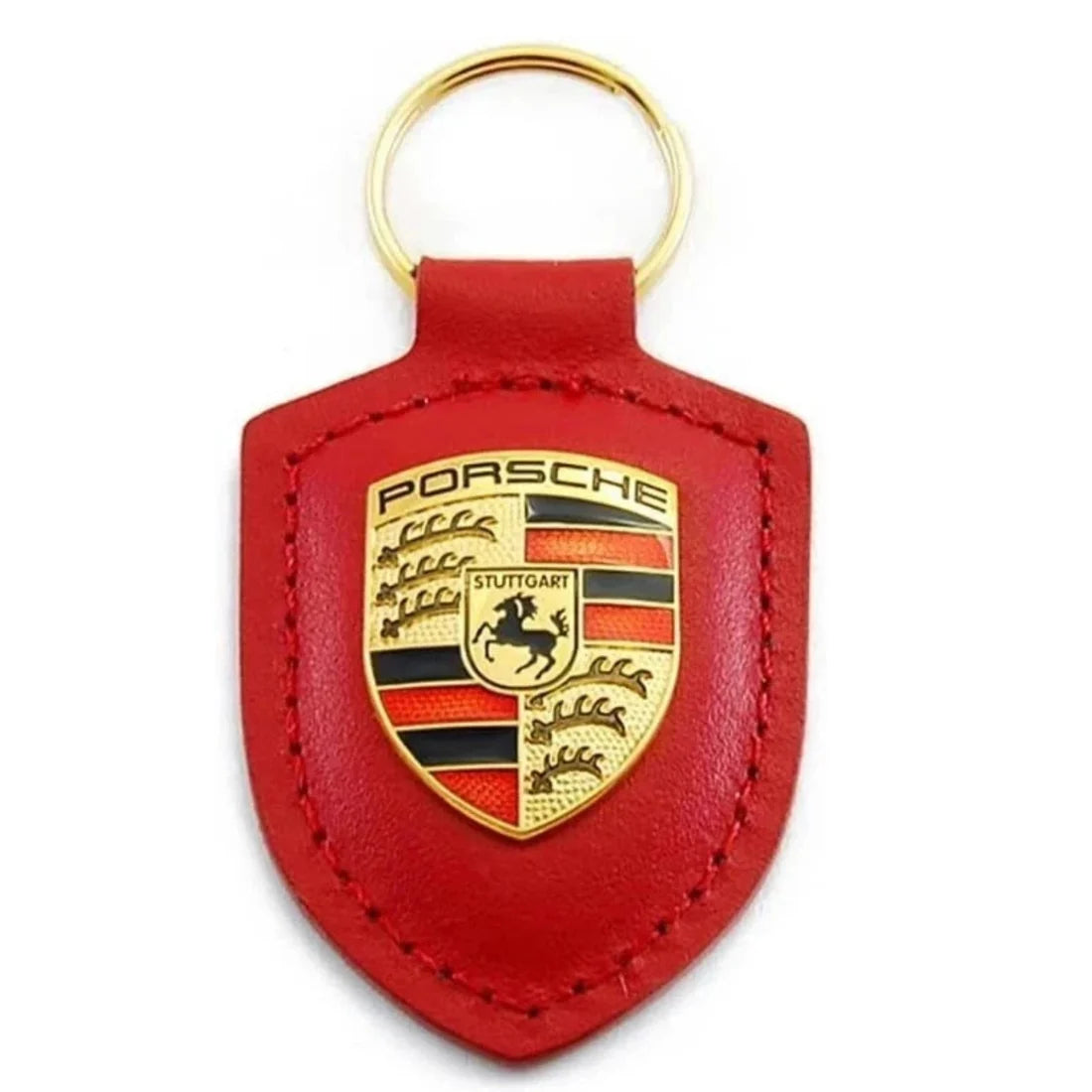 Authentic OEM Porsche Leather Crest Key Ring FOB Chain - Black & Red (WAP0500950E)