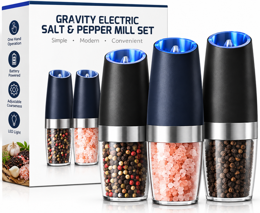 Electric Salt & Pepper Grinder Set – Automatic Gravity Spice Mill with LED Light